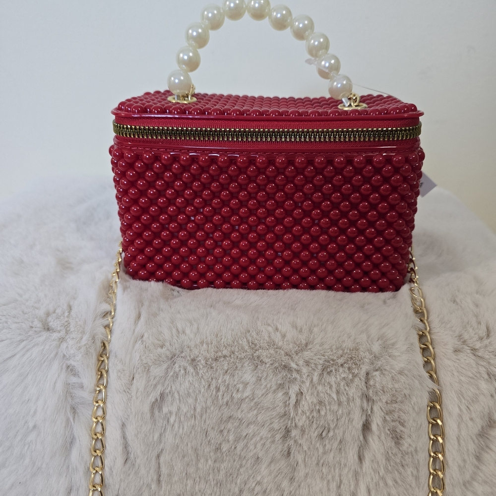 Chic Red Beaded Mini Bag with Pearl Handle
